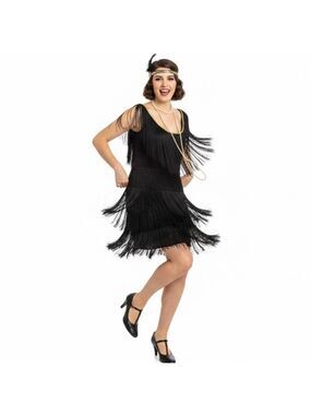 Jerry Beck for Charades Black Fringe Fashion  Flapper Dress - Size Small